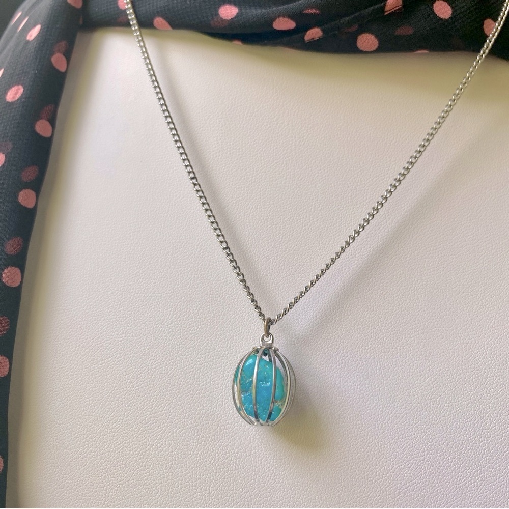 Vintage Genuine Turquoise Gemstone Silver Cage Pendant Necklace